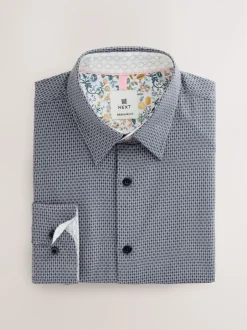 Formele Overhemden|Next Marineblauw - Smart Cotton Rich Trimmed Textured Shirt