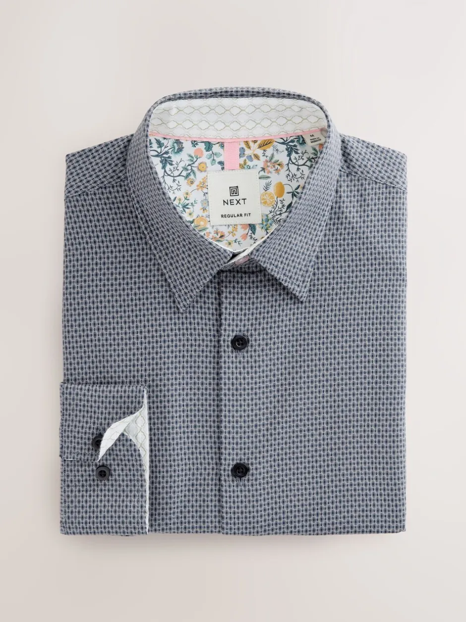 Formele Overhemden|Next Marineblauw - Smart Cotton Rich Trimmed Textured Shirt