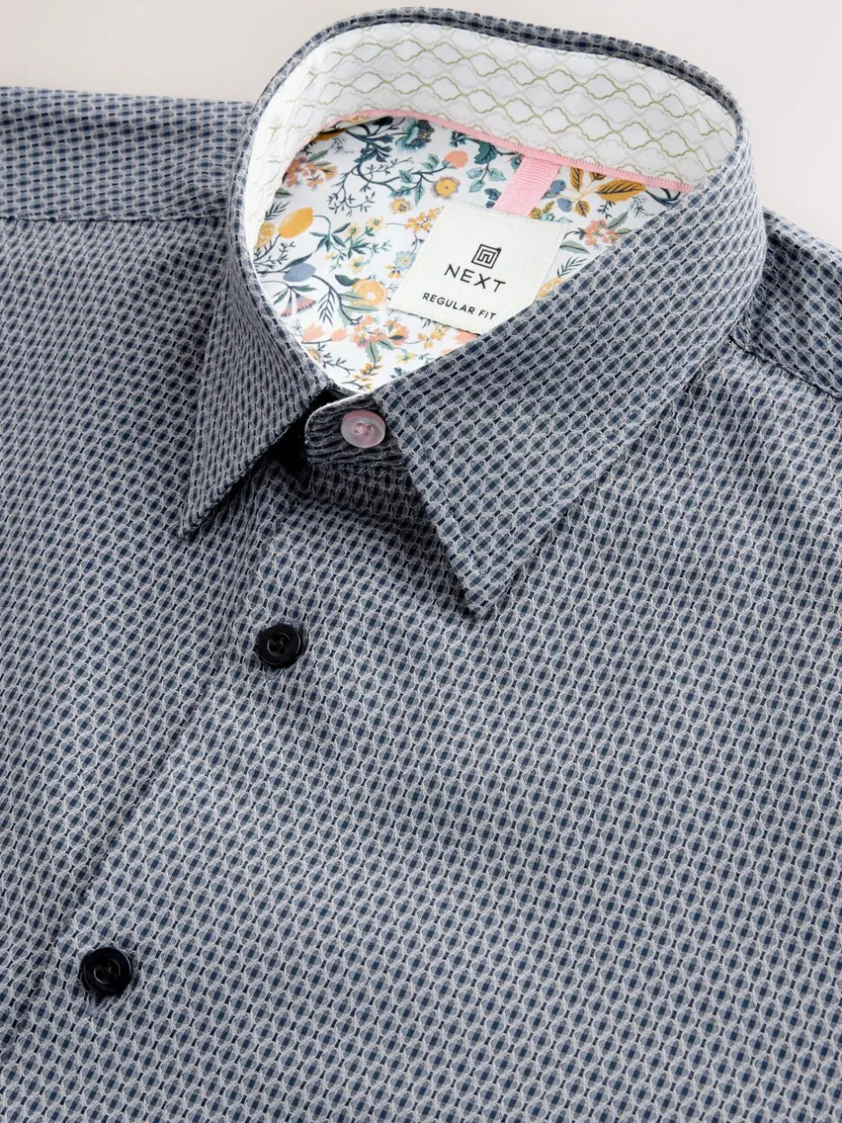 Formele Overhemden|Next Marineblauw - Smart Cotton Rich Trimmed Textured Shirt