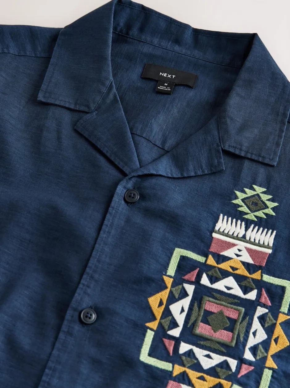 Shirts|Next - Textured Embroidered Navajo Style Short Sleeve Shirt Marineblauw