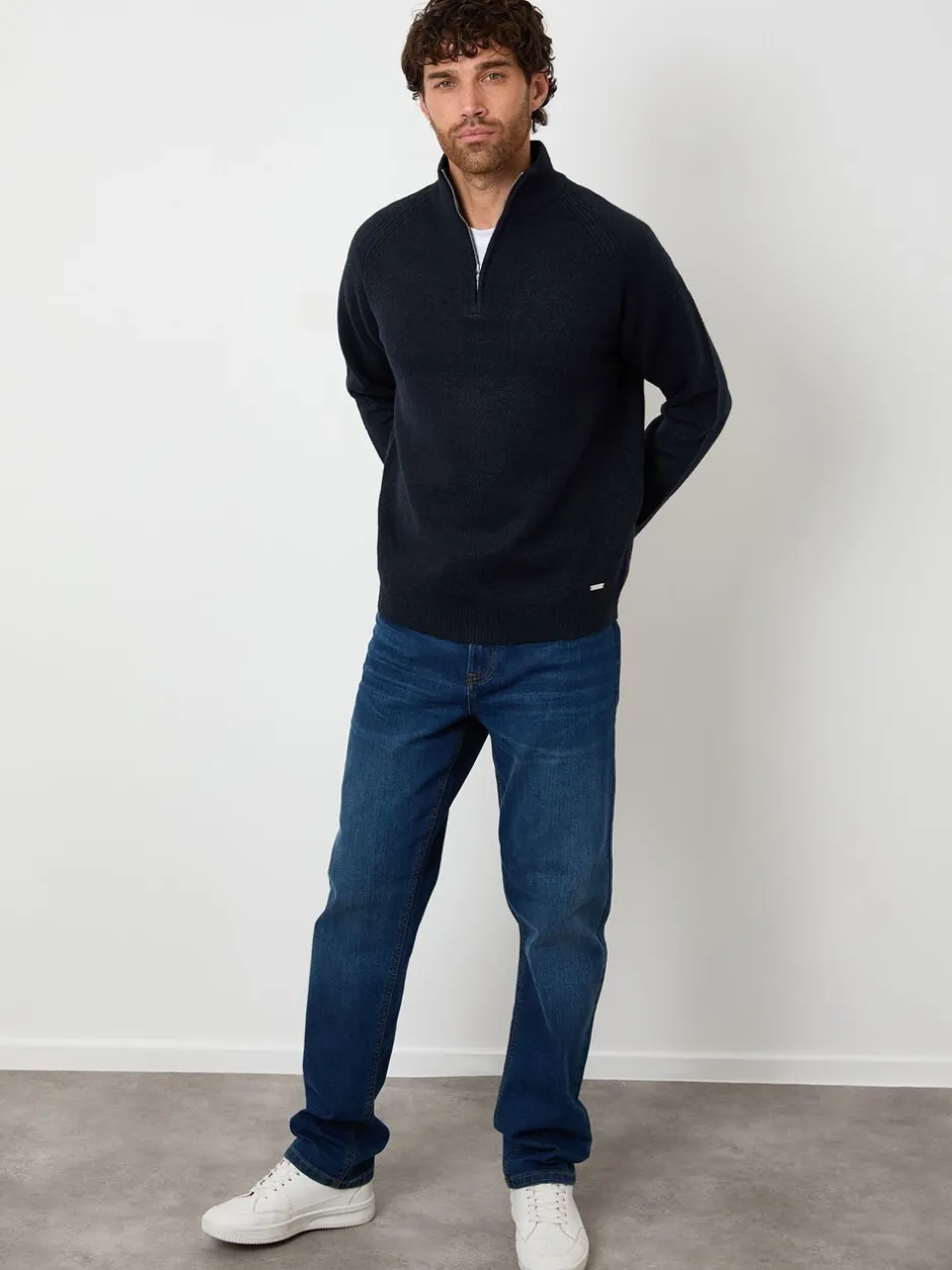 Gebreide Kleding|Threadbare - Raglan Rib Quarter Zip Knitted Jumper Marineblauw