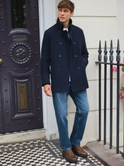 Jassen En Jacks*Next - Wool Rich Double Breasted Funnel Coat Marineblauw