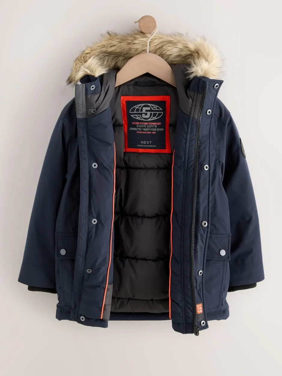Schoolkleding|Jassen En Jacks*Next - Zware regenbestendige parka met imitatiebontrand (3-16jr) Marineblauw