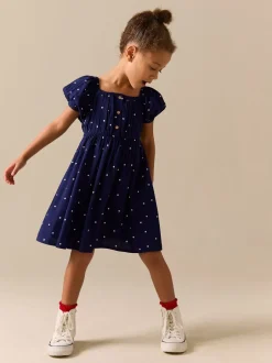 Jurken|Next - Short Sleeve Dress (3-16yrs) Marineblauw blauw gestippeld