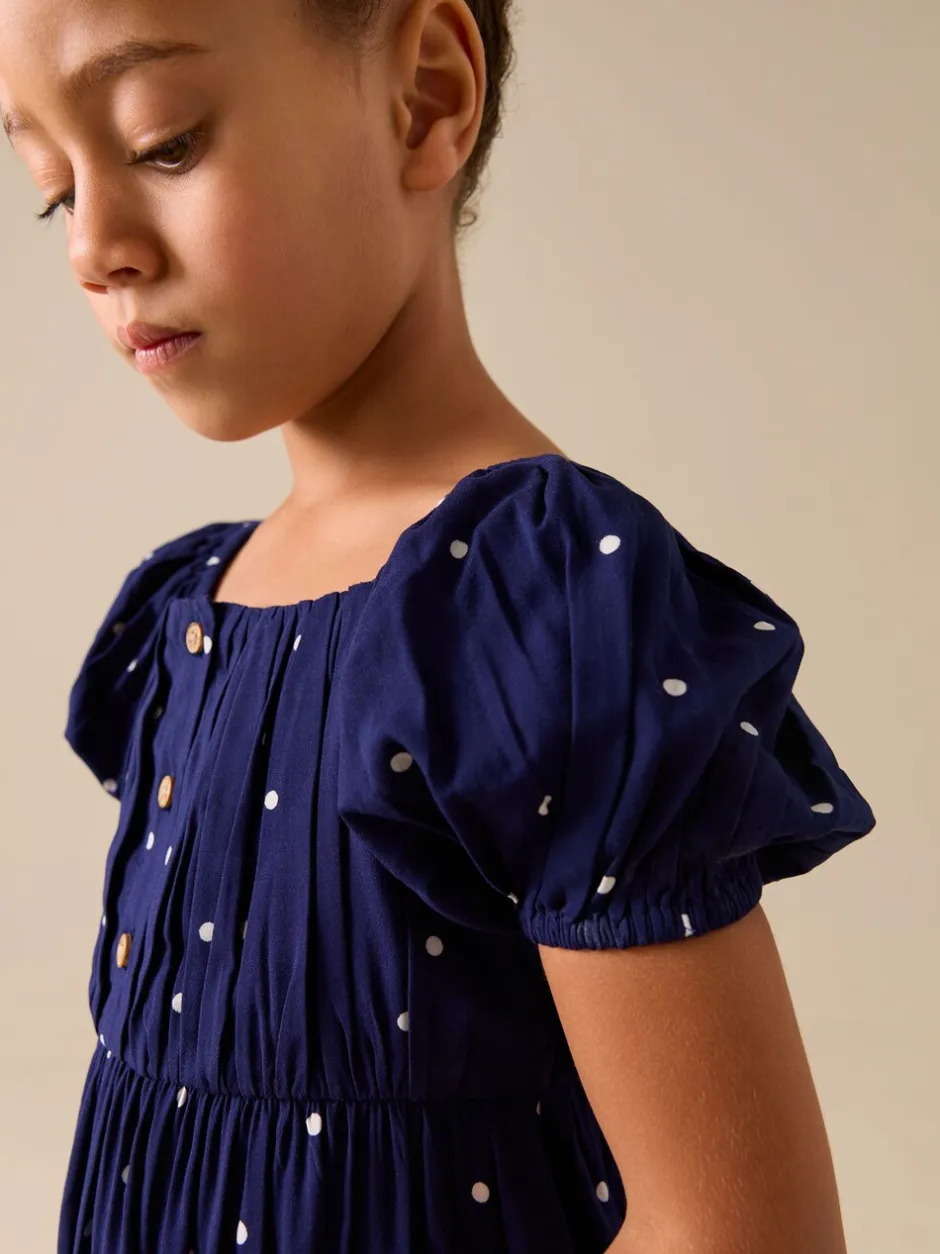 Jurken|Next - Short Sleeve Dress (3-16yrs) Marineblauw blauw gestippeld