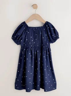 Jurken|Next - Short Sleeve Dress (3-16yrs) Marineblauw blauw gestippeld