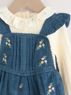 Tuinbroeken|Next - Baby Print Bodysuit met Lange mouwen en Corduroy bretelbroeken Set 2 Pieces (0mnd -2jr) Marineblauw geborduurd