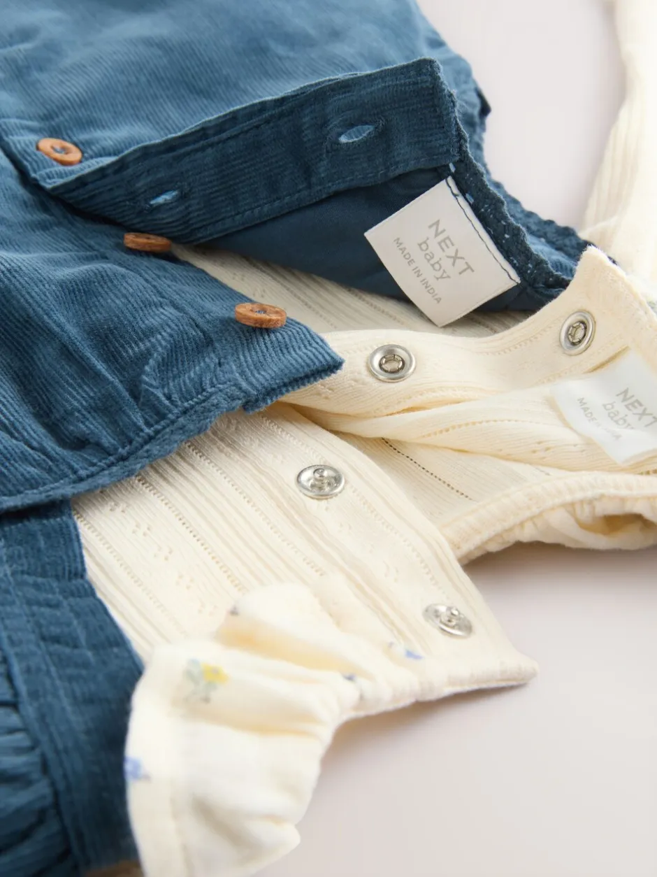Tuinbroeken|Next - Baby Print Bodysuit met Lange mouwen en Corduroy bretelbroeken Set 2 Pieces (0mnd -2jr) Marineblauw geborduurd