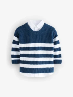 Truien En Breisels*Next Marineblauw gestreept - 100% katoenen gebreide trui met mock hals (3mnd-7jr)