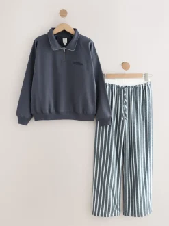 Pyjama's|Loungewear|Next - Half Zip Sweatshirt and Flannel Pyjamas Set Marineblauw gestreept