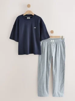 Pyjama's|Loungewear|self. - Pyjama met korte mouwen Marineblauw gestreept
