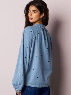 Tops En T-Shirts|Blouses En Overhemden*Next Marineblauw hart - Heart Embroidered V-Neck Puff Sleeve Denim Blouse