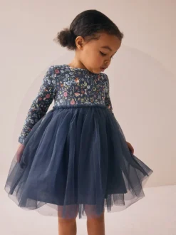 Gelegenheidskleding|Jurken|Next - Feestjurk van mesh met lange mouwen (3mnd-7jr) Marineblauw met bloemen