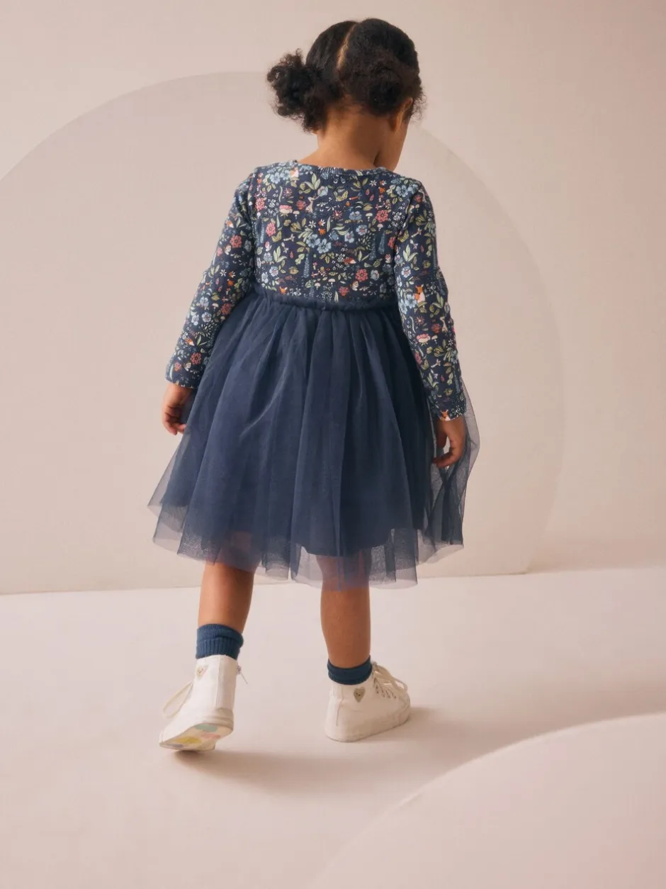 Gelegenheidskleding|Jurken|Next - Feestjurk van mesh met lange mouwen (3mnd-7jr) Marineblauw met bloemen