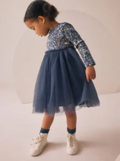 Gelegenheidskleding|Jurken|Next - Feestjurk van mesh met lange mouwen (3mnd-7jr) Marineblauw met bloemen