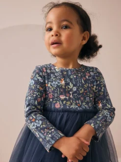 Gelegenheidskleding|Jurken|Next - Feestjurk van mesh met lange mouwen (3mnd-7jr) Marineblauw met bloemen