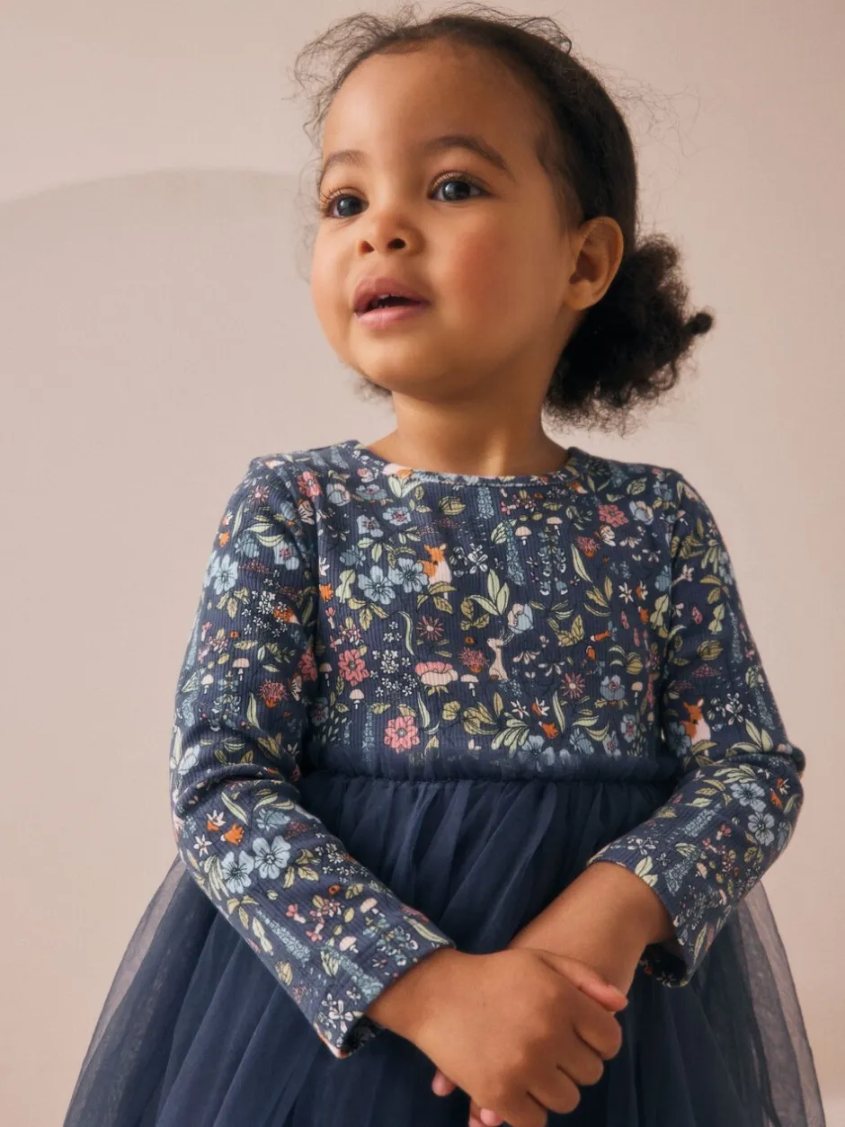 Gelegenheidskleding|Jurken|Next - Feestjurk van mesh met lange mouwen (3mnd-7jr) Marineblauw met bloemen