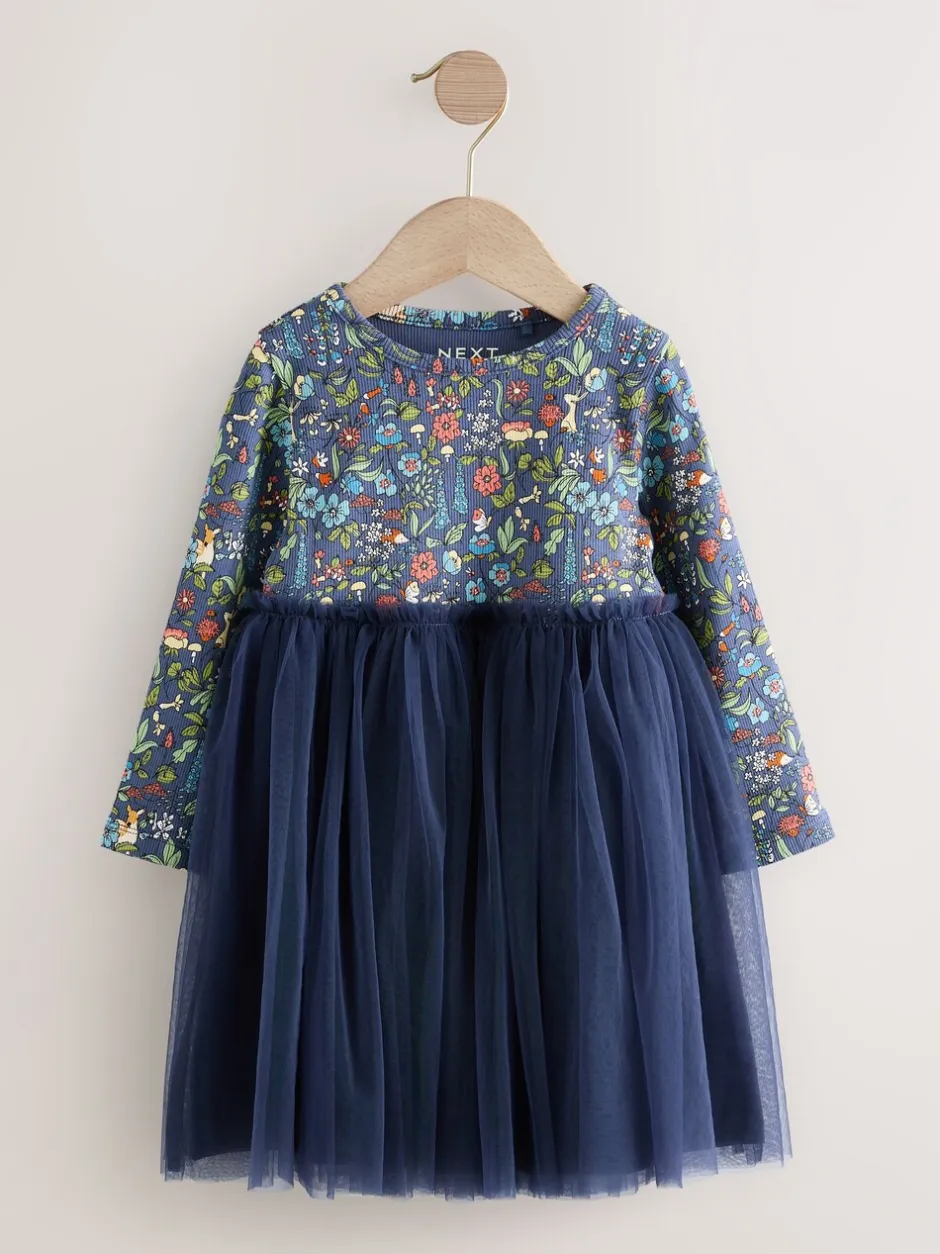 Gelegenheidskleding|Jurken|Next - Feestjurk van mesh met lange mouwen (3mnd-7jr) Marineblauw met bloemen