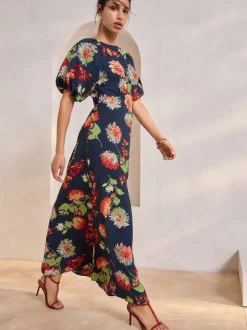 Gelegenheidskleding|Jurken*Next - Midi-jurk met print en pofmouwen Marineblauw met bloemenprint