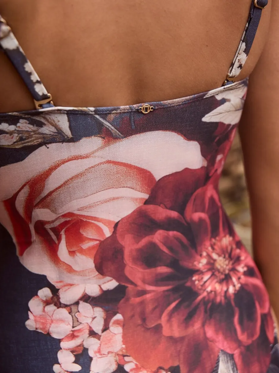 Badkleding*Next Marineblauw met bloemenprint - Vormgevend bandeaubadpak met buikcorrectie