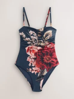 Badkleding*Next Marineblauw met bloemenprint - Vormgevend bandeaubadpak met buikcorrectie