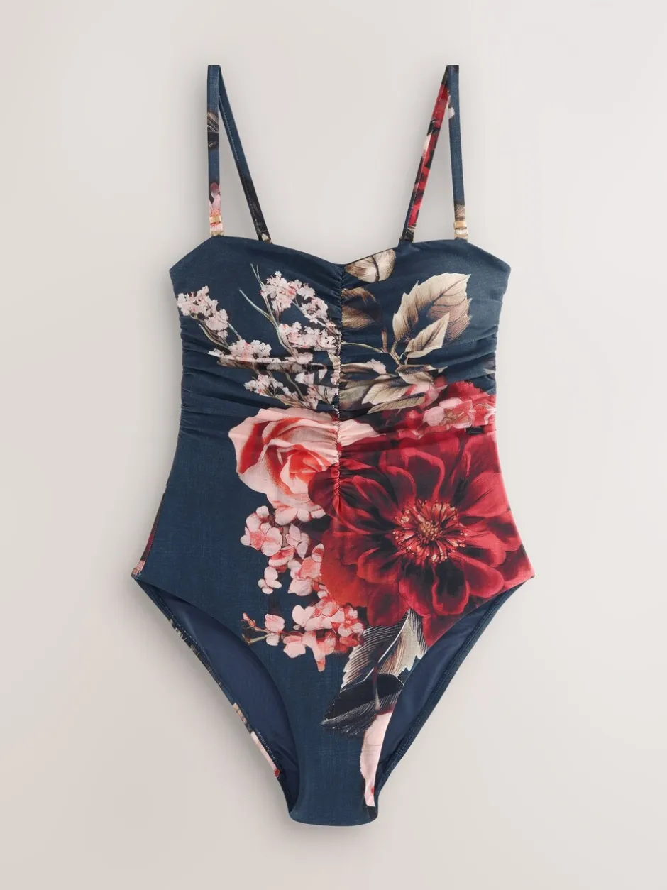 Badkleding*Next Marineblauw met bloemenprint - Vormgevend bandeaubadpak met buikcorrectie