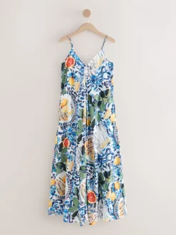 Jurken*Next - Fruit Print Volume Maxi Dress Marineblauw met bloemenprint