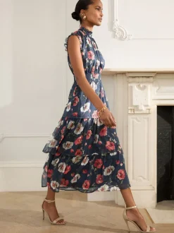 Gelegenheidskleding|Jurken|Next - Gedrukte Maxi-jurk met hoge hals en tierlantijntjes Marineblauw met bloemenprint