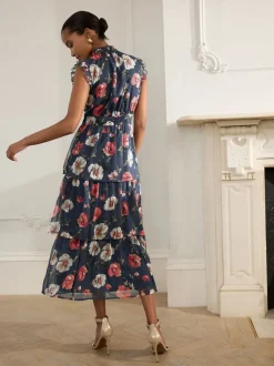 Gelegenheidskleding|Jurken|Next - Gedrukte Maxi-jurk met hoge hals en tierlantijntjes Marineblauw met bloemenprint