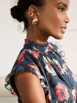 Gelegenheidskleding|Jurken|Next - Gedrukte Maxi-jurk met hoge hals en tierlantijntjes Marineblauw met bloemenprint