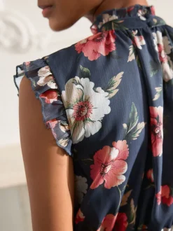 Gelegenheidskleding|Jurken|Next - Gedrukte Maxi-jurk met hoge hals en tierlantijntjes Marineblauw met bloemenprint
