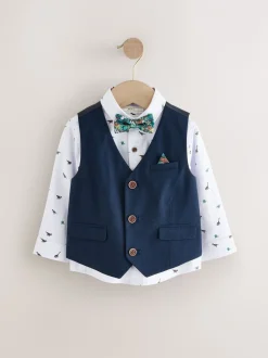 Gelegenheidskleding|Kostuums En Herenvesten*Next - Set met gilet, overhemd en vlinderdas (3 mnd- 7 jr) Marineblauw met dinosaurus