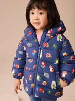 Jassen, Jacks En Kinderwagenpakjes|Jassen En Jacks|Next - Regenbestendige gewatteerde jas met fleecevoering en capuchon (3mnd -7jr) Marineblauw met figuurtjes