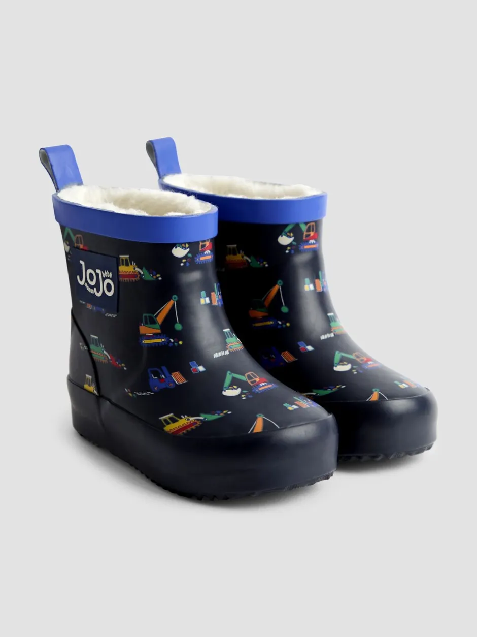 Laarzen|Jojo Maman Bébé - Short Cosy Lined Wellie Boot Marineblauw met graafmachine