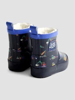 Laarzen|Jojo Maman Bébé - Short Cosy Lined Wellie Boot Marineblauw met graafmachine