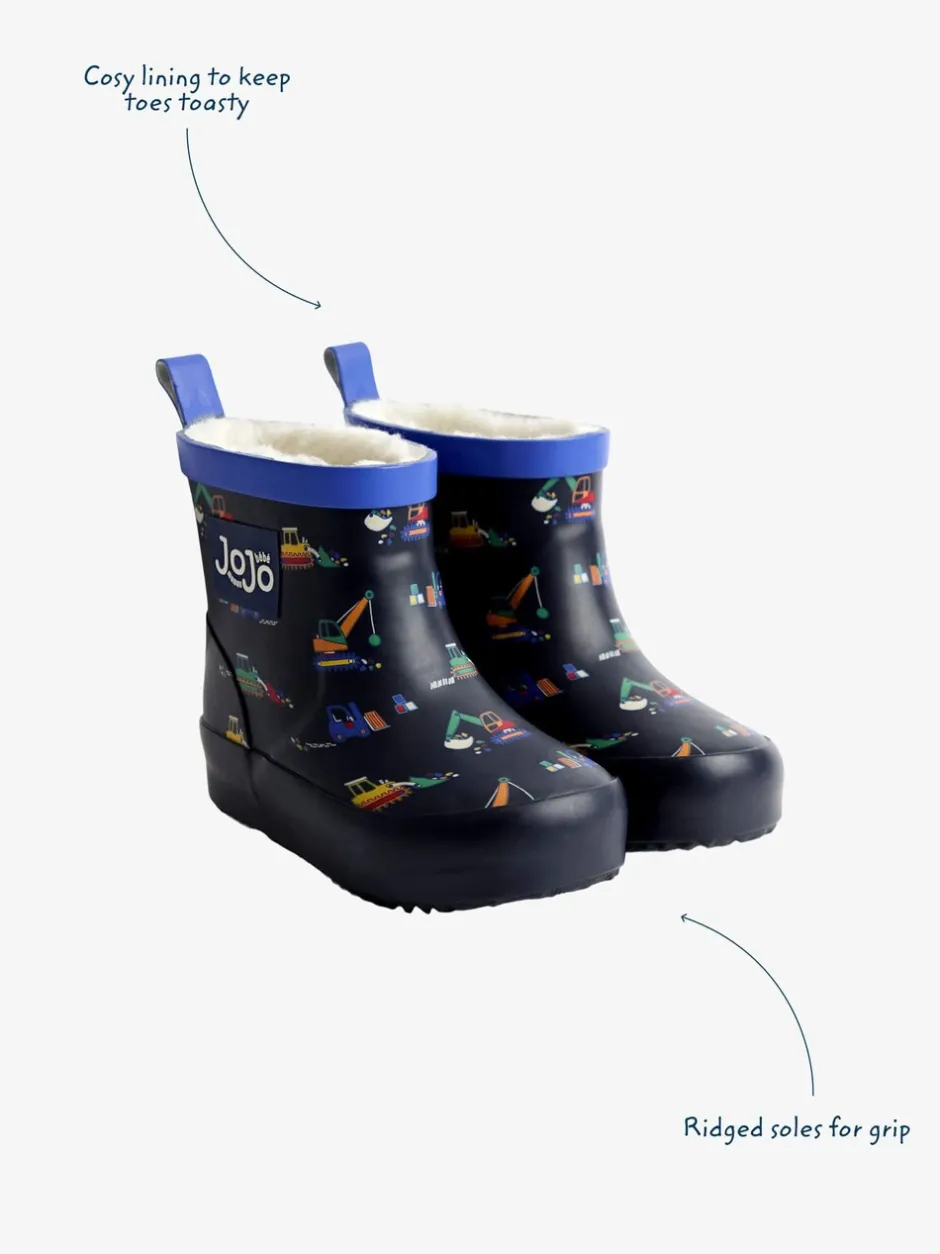 Laarzen|Jojo Maman Bébé - Short Cosy Lined Wellie Boot Marineblauw met graafmachine