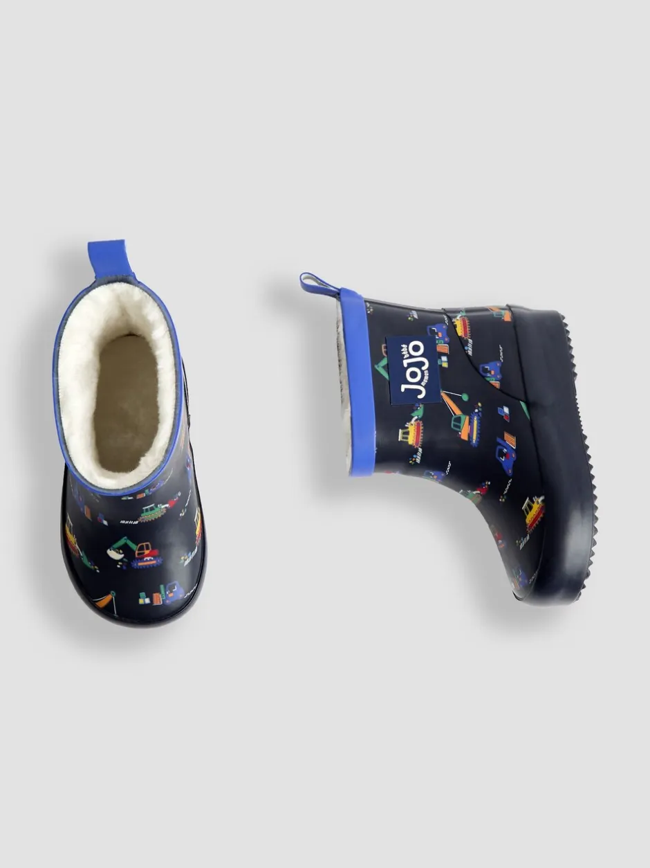 Laarzen|Jojo Maman Bébé - Short Cosy Lined Wellie Boot Marineblauw met graafmachine