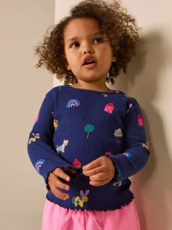 Tops*Next Marineblauw met katten- en hondenprint - Geribbeld T-shirt met lange mouwen (3mnd-7jr)