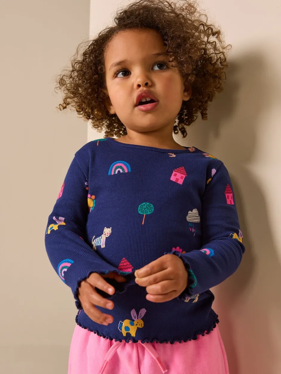 Tops*Next Marineblauw met katten- en hondenprint - Geribbeld T-shirt met lange mouwen (3mnd-7jr)