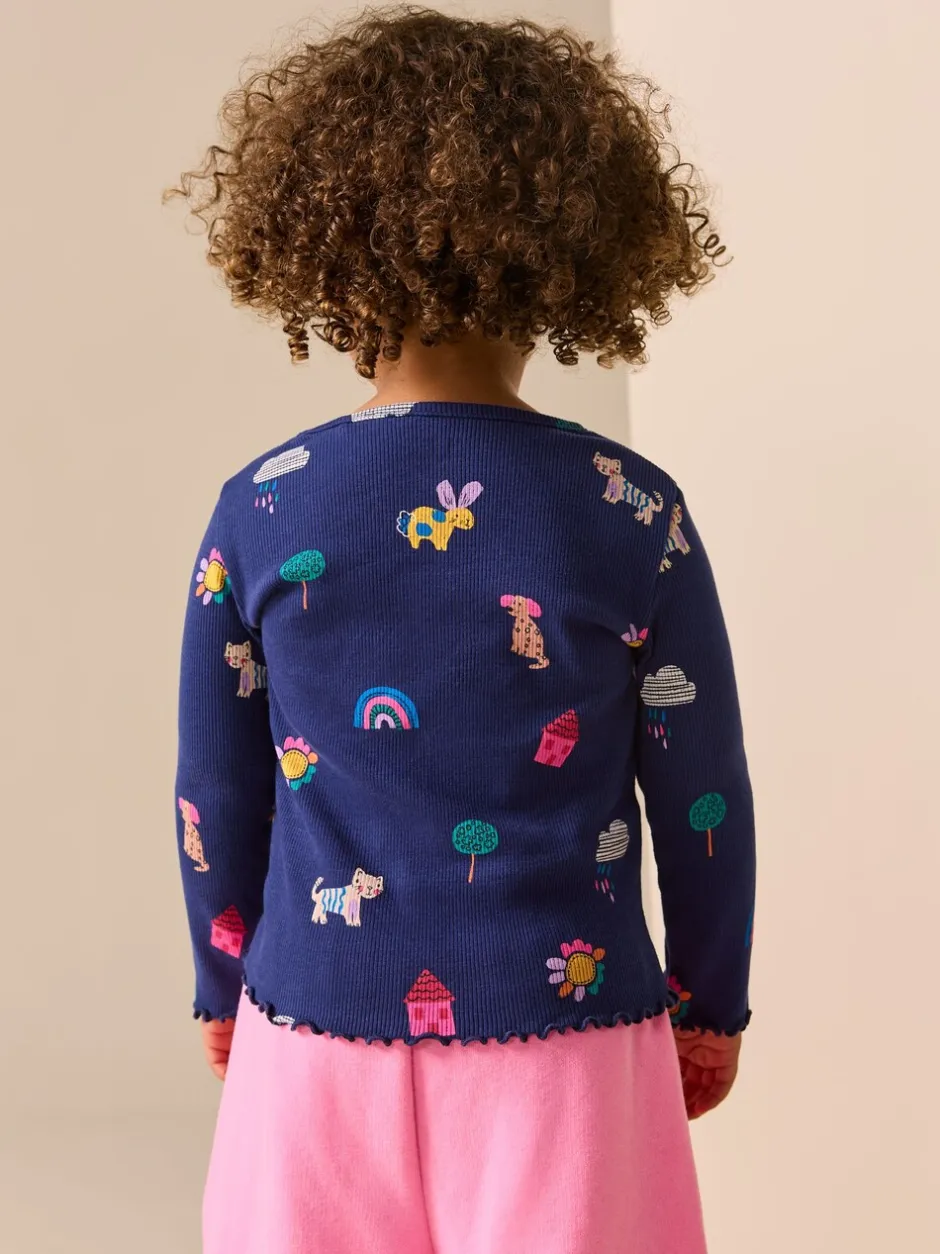 Tops*Next Marineblauw met katten- en hondenprint - Geribbeld T-shirt met lange mouwen (3mnd-7jr)