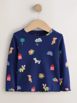 Tops*Next Marineblauw met katten- en hondenprint - Geribbeld T-shirt met lange mouwen (3mnd-7jr)
