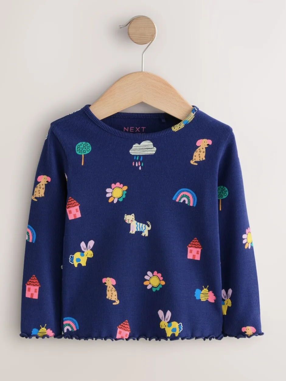 Tops*Next Marineblauw met katten- en hondenprint - Geribbeld T-shirt met lange mouwen (3mnd-7jr)