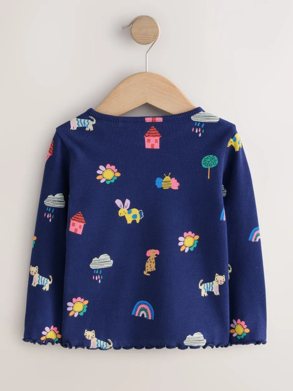Tops*Next Marineblauw met katten- en hondenprint - Geribbeld T-shirt met lange mouwen (3mnd-7jr)