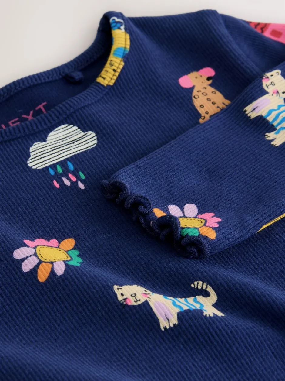Tops*Next Marineblauw met katten- en hondenprint - Geribbeld T-shirt met lange mouwen (3mnd-7jr)