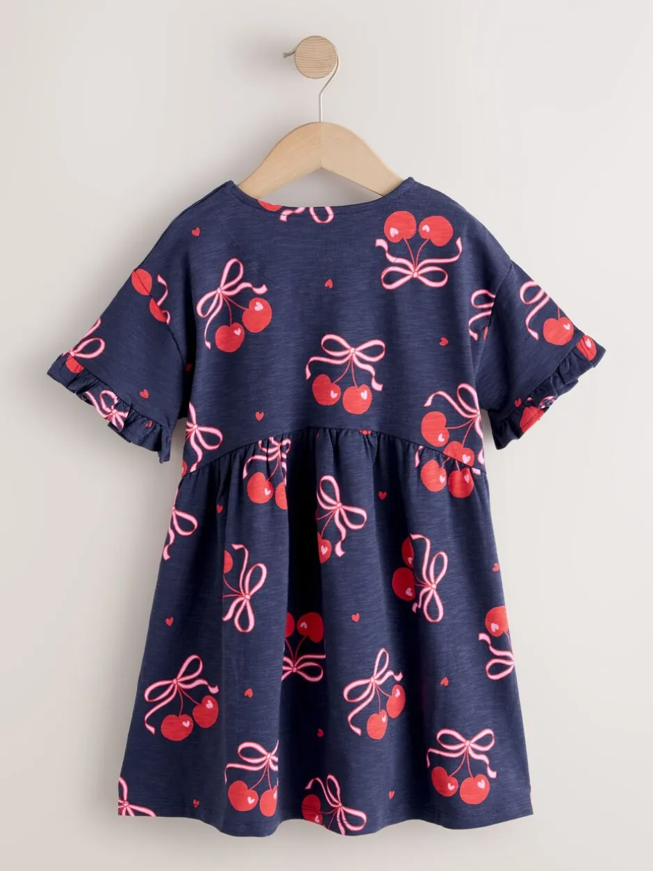 Jurken*Next - Jersey jurk met korte mouwen (3-16 jr) Marineblauw met kersenprint