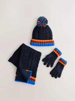 Mutsen, Handschoenen En Sjaals*Next Marineblauw met regenboogrib - Set van 3 -delige muts, sjaal en handschoenen (3-16jr)