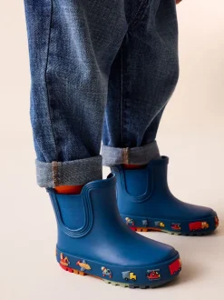 Laarzen*Next - Enkelhoge regenlaarzen Marineblauw met voertuigprint