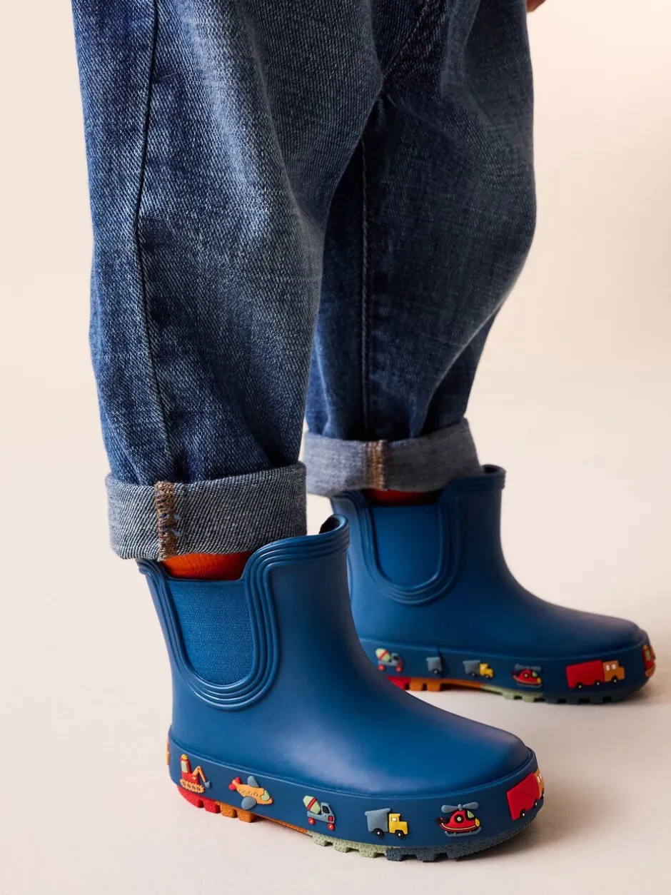 Laarzen*Next - Enkelhoge regenlaarzen Marineblauw met voertuigprint
