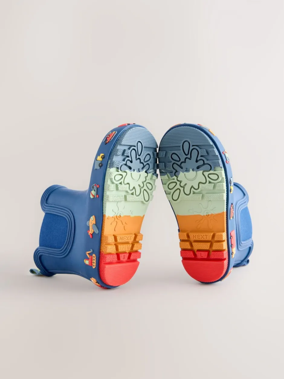 Laarzen*Next - Enkelhoge regenlaarzen Marineblauw met voertuigprint
