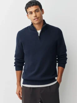 Gebreide Kleding|Next - 100% Cotton Regular Fit Premium Quarter Zip Jumpers 2 Pack Marineblauw/beigebruin